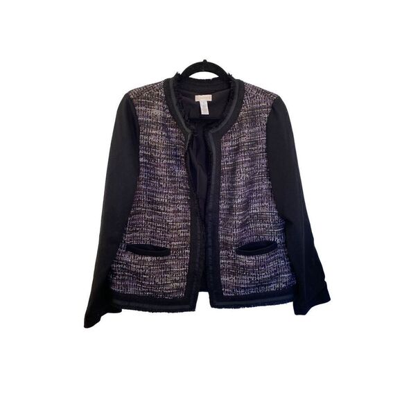 Chicos women’s tweed panel, front pocket fringe blazer/jacket size 8/10  - Picture 2 of 6